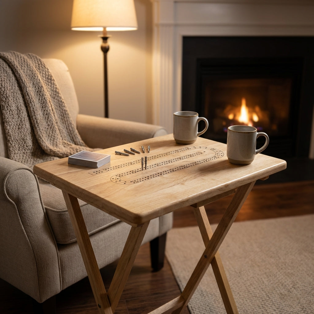 Full view of a small, handcrafted cribbage board on a rustic wooden table in a cozy home setting, highlighting its foldable design and vintage charm.